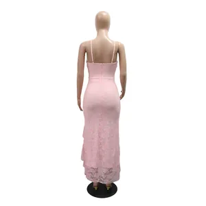 Detailed back view of a pink floral lace sleeveless maxi dress with ruffle slit detail