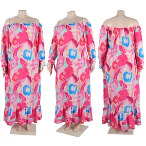 Plus size off-the-shoulder floral print maxi dress shown from front side and back views