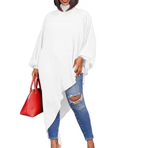 Elegant white oversized chiffon top featuring asymmetrical hem and long sleeves