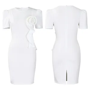 Elegant white short sleeve bodycon dress with ruffle and floral detail front and back view