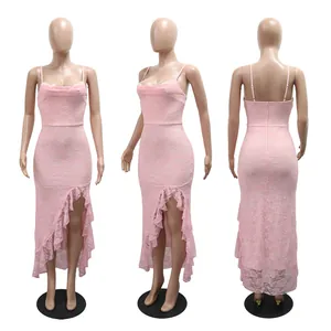 Pink lace ruffled slit cami maxi dress shown from front, side and back on mannequin
