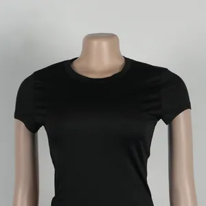 Detailed view of women's black crew neck short sleeve slim fit stretch top on a mannequin