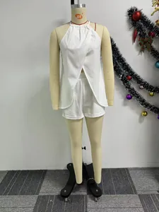 Sexy white two-piece set with halter slit top and matching shorts on mannequin
