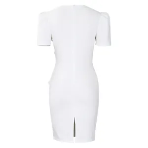 Back view of white short sleeve puff sleeve bodycon dress with slit