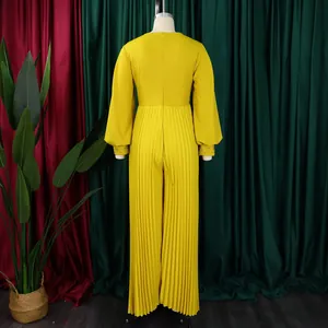 Elegant yellow pleated wide-leg jumpsuit featuring beaded puff sleeves back view display