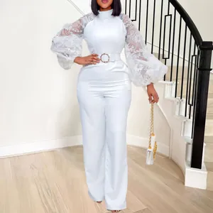 Elegant white wide leg jumpsuit with sheer lace lantern sleeves and matching belt for women