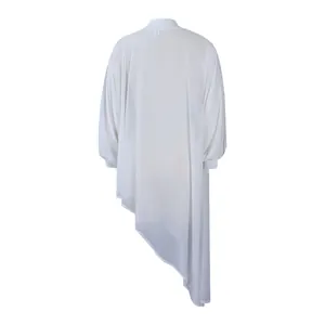 Back view of a white chiffon dress with asymmetrical hemline and loose fit design.