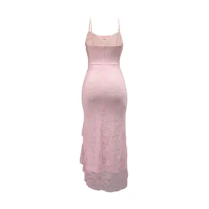 Detail view of the back of a pink lace maxi dress with adjustable straps and zipper.