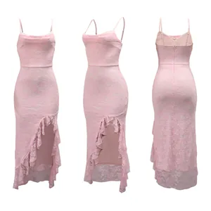 Detailed front, side, and back views of a pink lace maxi dress with ruffle slit design.