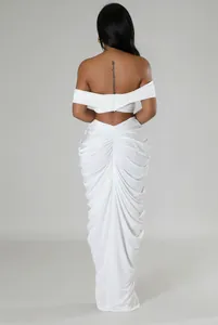Back view of sexy white two-piece pleated maxi dress set with ruched detailing