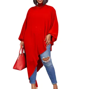 Loose asymmetric red chiffon tunic dress with oversized batwing sleeves for women