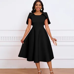 Elegant black cape collar banquet party dress with sophisticated flared skirt detail