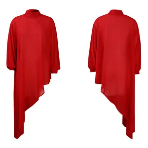 Elegant red chiffon irregular hem dress featuring mock neck and loose long sleeves