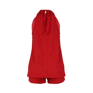 Detailed back view of a vibrant red halter neck sleeveless top and matching shorts set