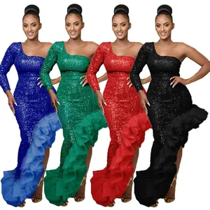 One-shoulder sequined evening dress with asymmetric ruffled mesh hem in four colors