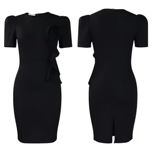 Front and back view of elegant black short sleeve dress with rose ruffle detail