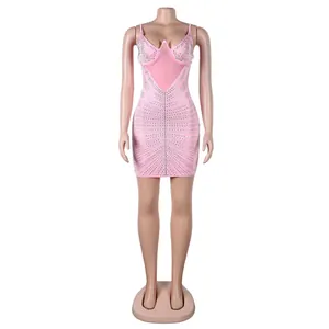 Vestido ajustado rosa sexy con diamantes de imitación para fiestas de club nocturno