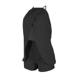 Close-up of black sexy halter split sleeveless top and matching shorts set.