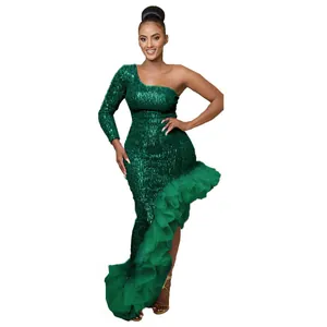 Elegant one-shoulder green sequined dress with large ruffled mesh irregular hem detail