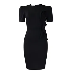 Elegant black bodycon dress featuring a unique floral ruffle detail on the chest