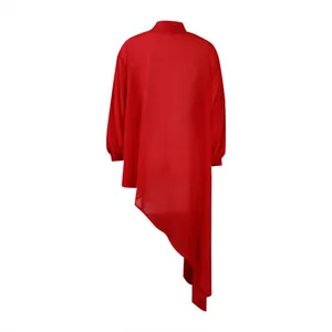Back view of a loose red chiffon dress featuring a long asymmetrical trailing hem