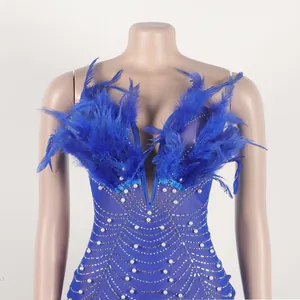 Nahaufnahme der königsblauen Federn und Perlen auf einem funkelnden, sexy figurbetonten Kleid
