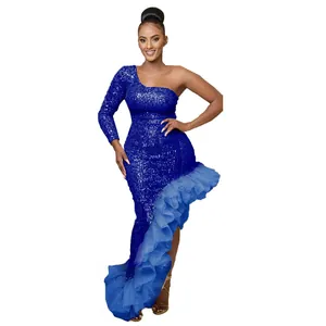 Detailed view of the royal blue one-shoulder sequined dress with asymmetrical ruffles