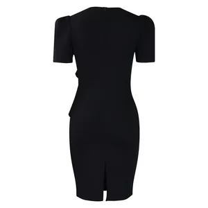 Back view of elegant black bodycon dress featuring puff sleeves and a discrete back slit hem