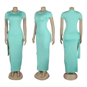 Three-angle view of a mint green slim fit high slit maxi skirt set on mannequins