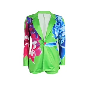 Vibrant lime green floral print blazer and shorts two-piece sexy suit set for women