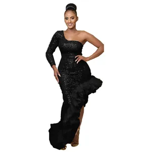Elegant one-shoulder black sequin maxi dress with irregular mesh ruffle trim details