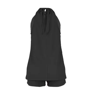 Back view of a black solid color halter neck tie-up sleeveless top and shorts set.
