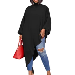 Detailed view of black irregular hem chiffon plus size tunic top on model