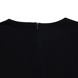Detailed view of the concealed back zipper on a classic black elegant dress neckline