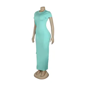Elegant slim fit mint green short sleeve maxi dress displayed on a female mannequin.