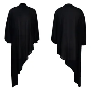 Front and back view of a black chiffon irregular loose dress with high neck