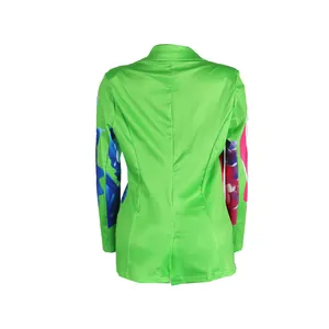 Back view of a vibrant green blazer with colorful sleeve prints, detail shot of the suit set.