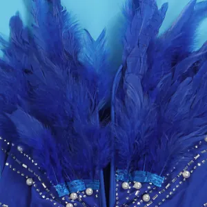Detail des blauen Bodycon-Kleids mit luxuriösen Federn, Strasssteinen und Perlen.