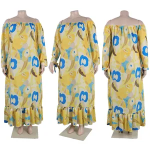 Detailed front, side and back views of a floral print off-the-shoulder maxi dress