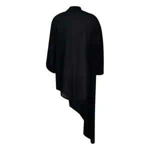 Back view of elegant black chiffon dress featuring a dramatic asymmetrical hemline