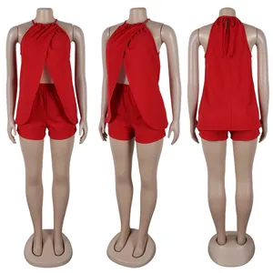 Multi-angle view of red sexy halter split top and matching shorts set on mannequin.