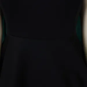 Macro detail showing the waistline seam and smooth black fabric of an elegant evening gown.