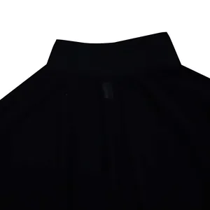 Close-up detail of the ribbed mock neckline on a loose black summer chiffon dress.
