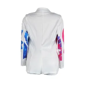 Detailed back view of a white slim fit blazer featuring vibrant blue and pink floral print sleeves