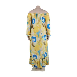 Back view of a yellow floral print off-the-shoulder maxi dress with long sleeves.