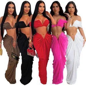 Elegant sleeveless strapless pleated floor-length skirt two-piece set in five vibrant colors