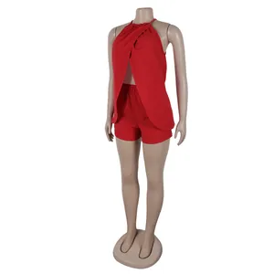 S10812 Red sexy halter cross split sleeveless top and shorts two-piece set for women