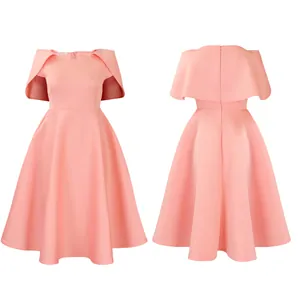 Elegant pink A-line cocktail dress featuring stylish cape shoulders and a flared skirt