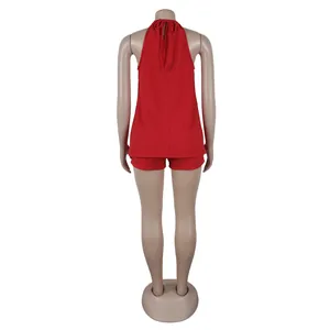 Back view of red halter neck sleeveless top and shorts two-piece set on mannequin