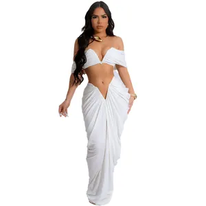 Sexy white two-piece set featuring a ruched strapless crop top and floor-length skirt